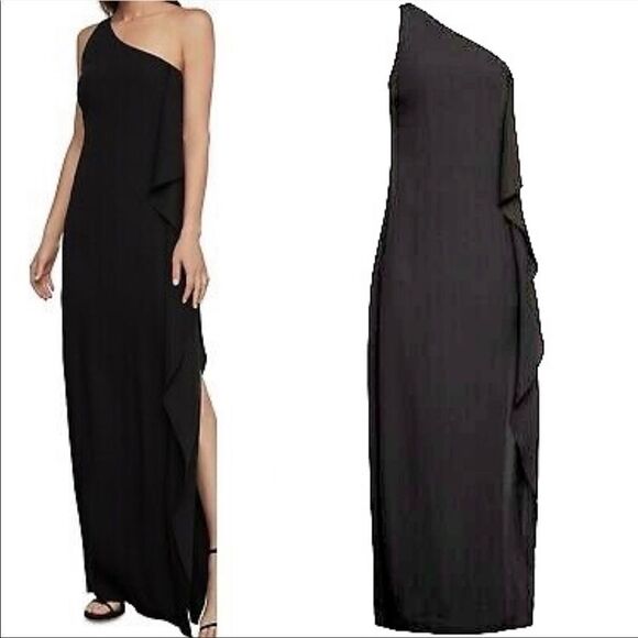 BCBGMaxAzria One-Shoulder Ruffle Glitter Panel Evening Gown Maxi Dress Black 0 - Picture 3 of 13